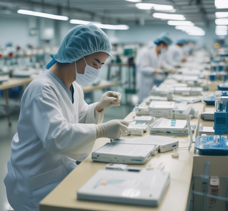 A bright, modern pilot factory floor with engineers working on medical device prototypes.