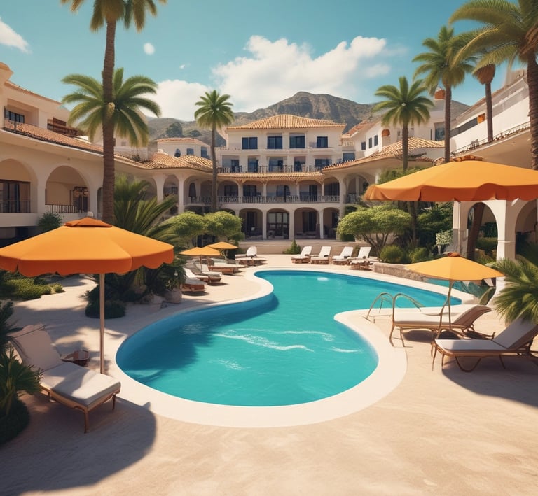 Refined resort lobby with minimalist design using navy and grey accents.