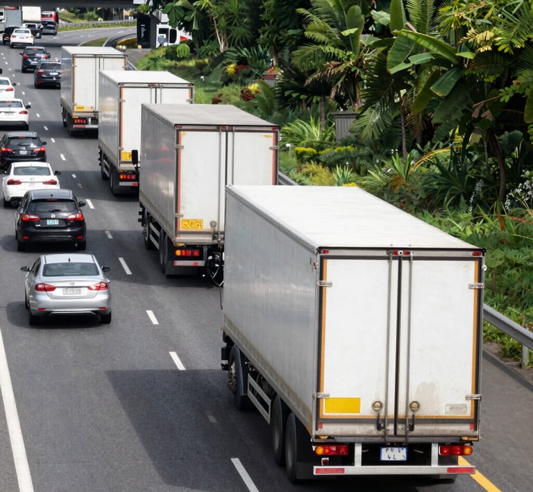 A sleek Bravex Transport truck parked at a bustling European port under a clear sky.