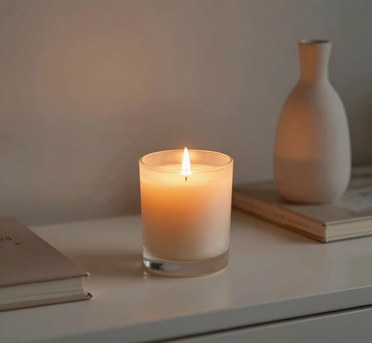 A collection of elegant scented candles glowing warmly on a wooden shelf.
