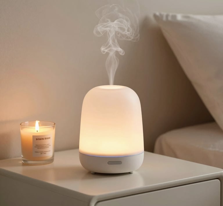A serene diffuser releasing gentle mist in a softly lit room with calming decor.