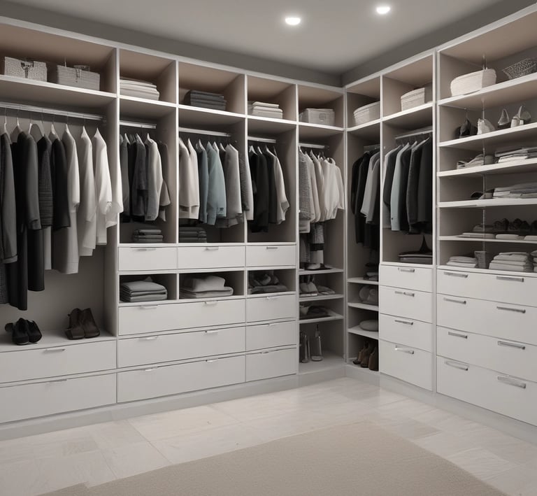 Functional and stylish closet made of wood and metal, tailored to fit perfectly.