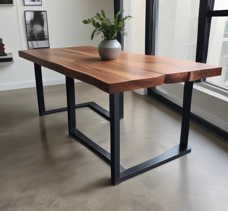 Contemporary wooden and metal furniture piece blending form and function.