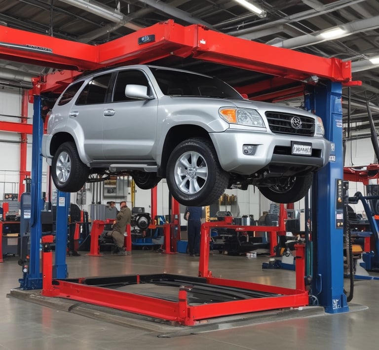 Front view of Bosch Service Toyomec workshop with Toyota vehicles being serviced.
