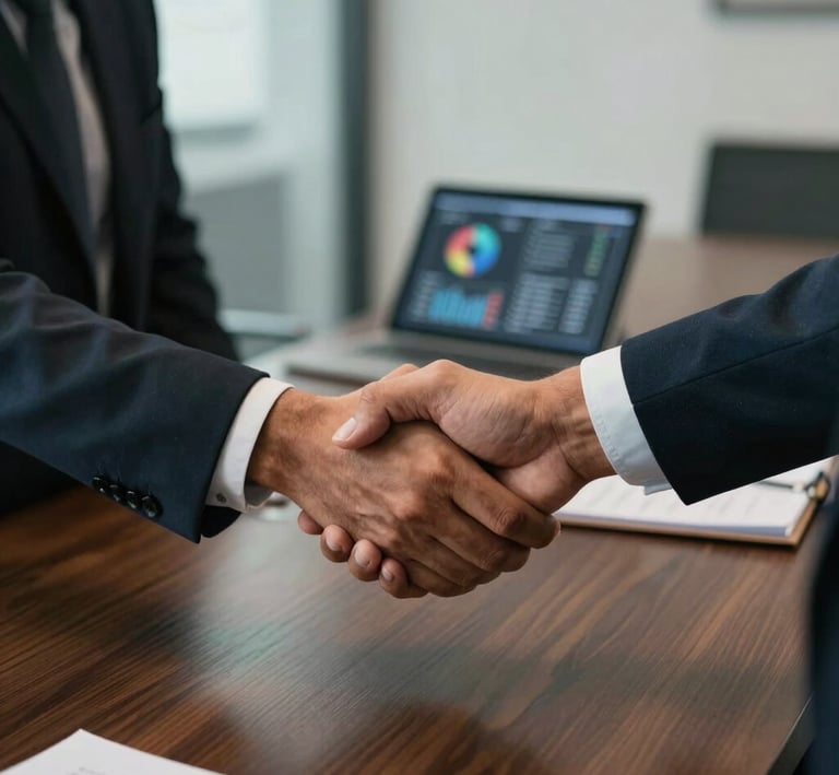 Close-up of two South Asian business partners shaking hands over a dark wood conference table in a modern office, a digital tablet with charts visible in the background, professional and warm atmosphere.