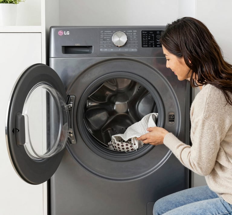 Technician performing maintenance on a front-load Samsung washer and dryer set.