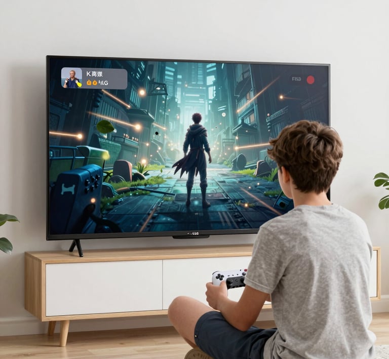 A skilled technician carefully repairing a 100-inch LG television in a cozy living room.