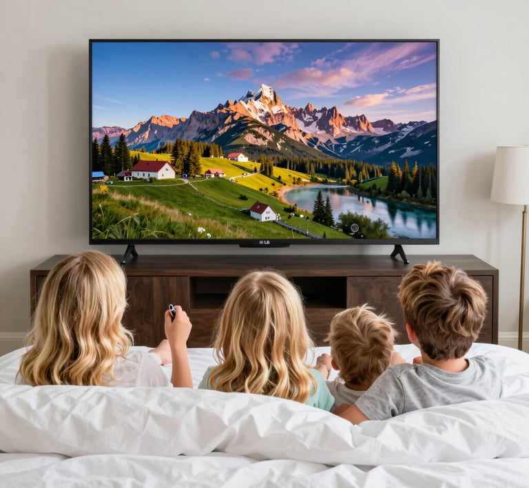 A happy family watching a large high-definition TV together in their modern home.