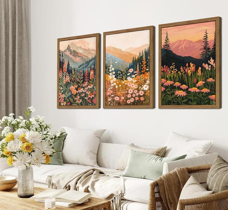Boho Colorful Landscape wall art Wildflower Mountain Wall Decor Vintage Floral Forest Paintings Rust
