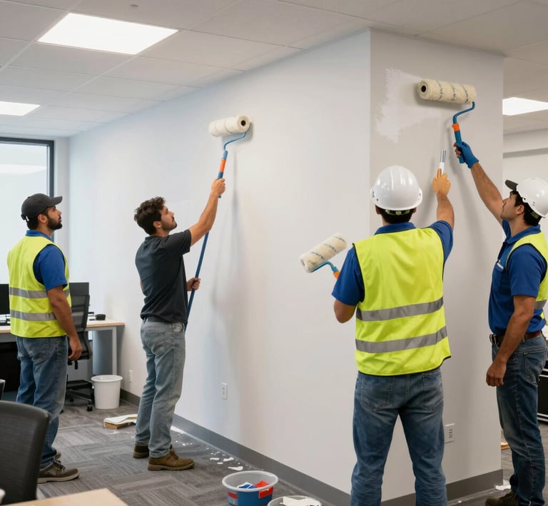 Painter wearing protective gear carefully painting an industrial steel structure with dark blue paint.