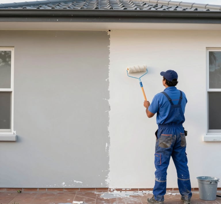 Close-up of a painter carefully applying a smooth coat of dark blue paint on an exterior wall.