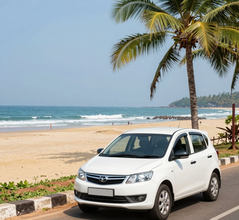 A sleek white taxi waiting outside Margao Railway Station near Benjoe Restaurant.