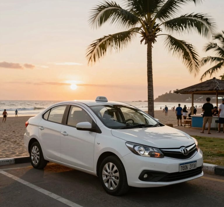 A bright yellow taxi parked by a sunny Goan beach with palm trees swaying in the breeze.