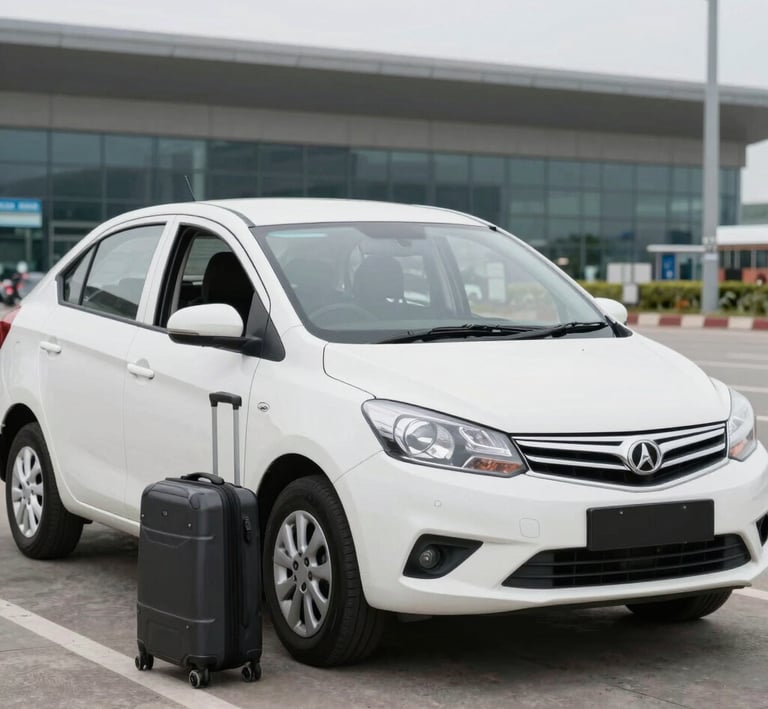 A taxi cruising along the scenic coastal road of South Goa during sunset.