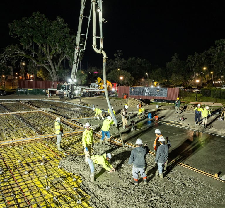 Drome image of workers pouring concrete slab