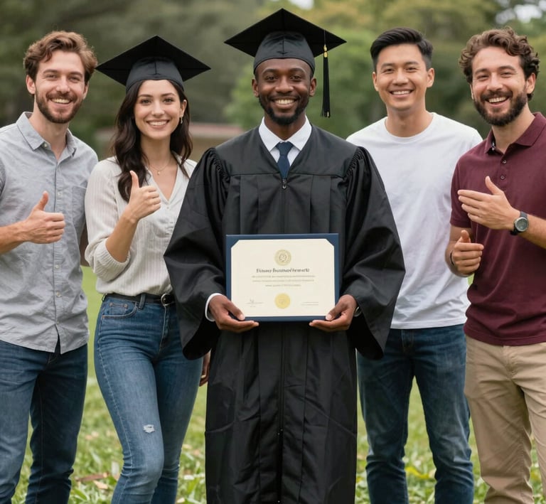 Participants celebrating a graduation event, smiling and holding certificates in navy blue and camel colors.