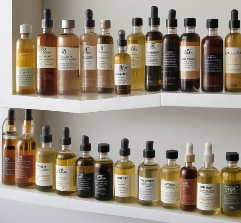 An array of haircare products displayed on a minimalist shelf with fresh greenery accents.