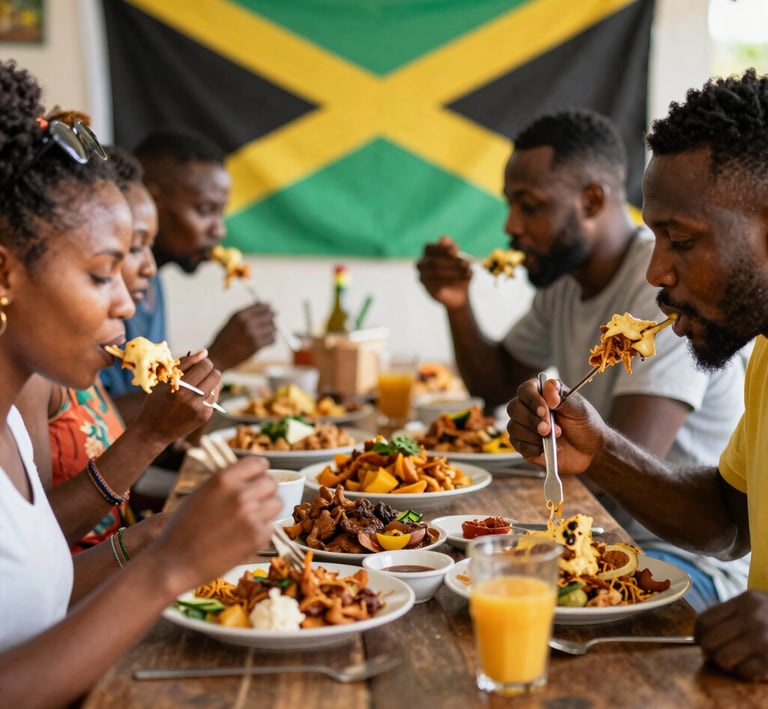 Family gathered around a table sharing a meal, laughter and warmth filling the room.