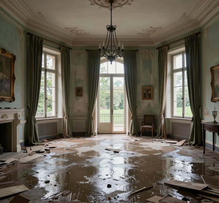 Close-up of a damaged building wall with visible cracks and water stains.