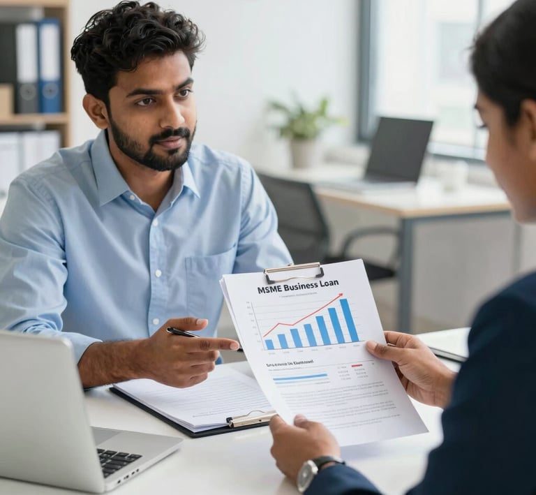 MSME business loan concept, Indian small business owner discussing finance with advisor, documents,