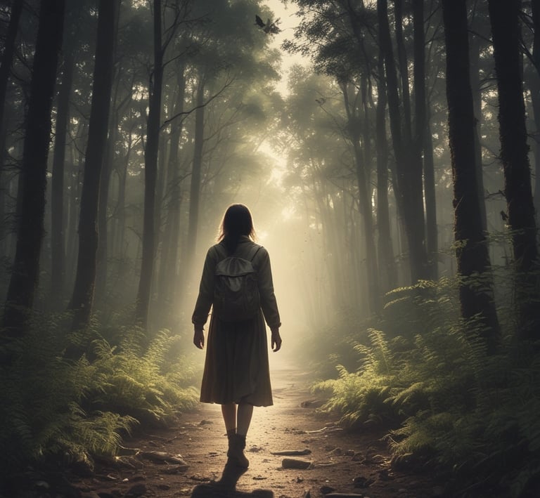 a woman walking down a path in a forest