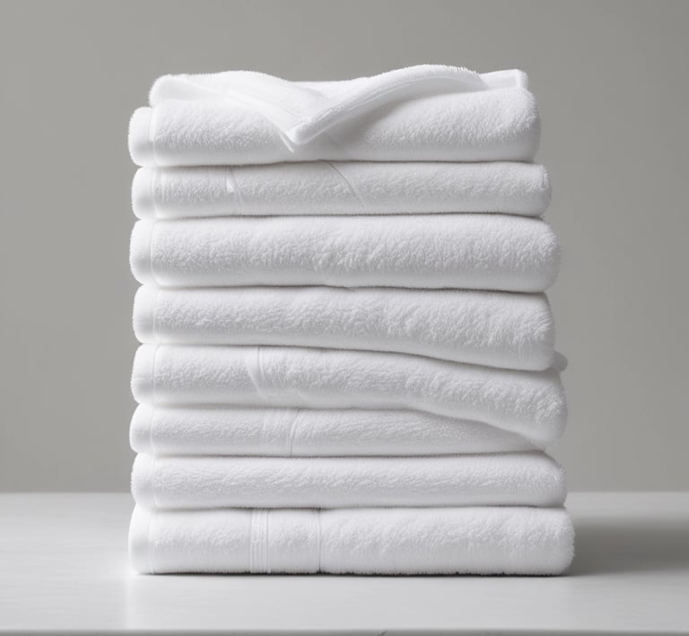 A stack of freshly laundered white hotel linens neatly folded and ready for delivery.