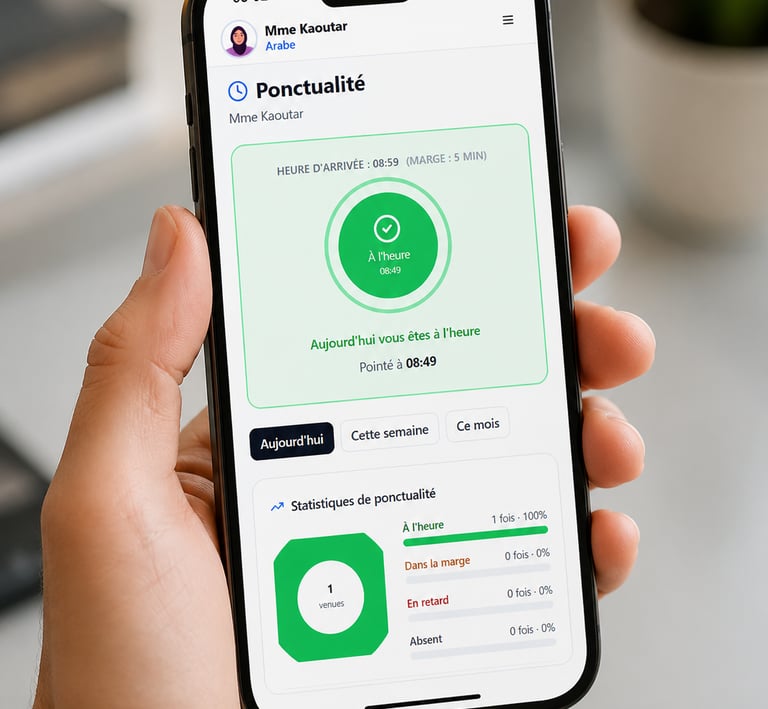 Une interface mobile d'un professeur qui consulte le statut de sa ponctualité en temps réel.