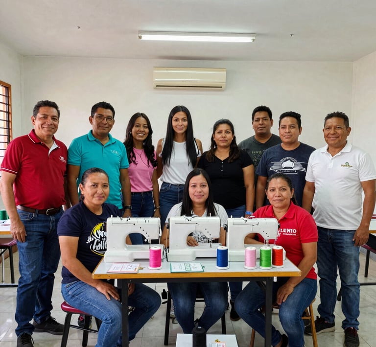 A diverse textile production team working together, representing ethical supply chains in a bright, modern workshop.