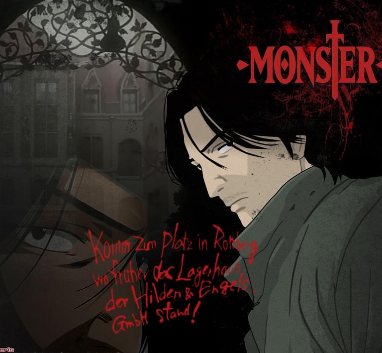 Anime fan art of Kenzo Tenma from "Monster" with text, red blood splatter effect, and a gothic building in the background.