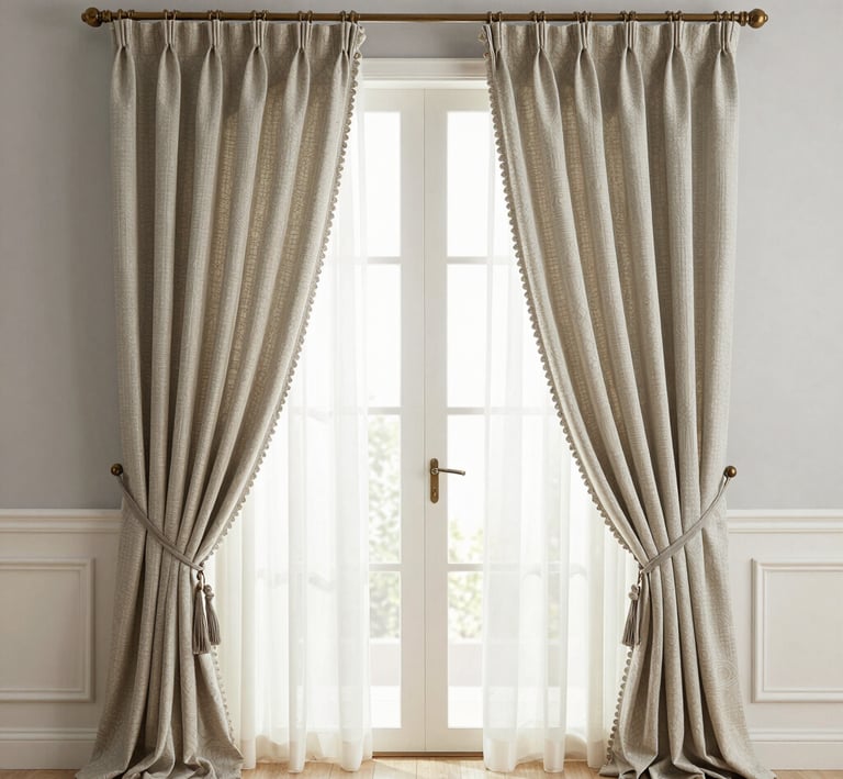 A cozy living room window framed by custom curtains with elegant pleats and subtle texture.