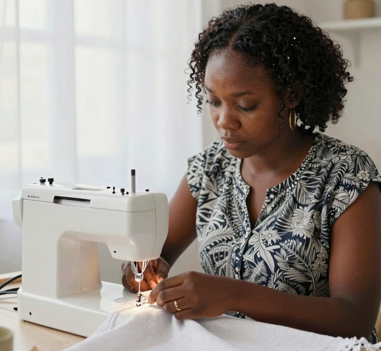 Artisan sewing machine in action, stitching thick curtain fabric with precision and care.