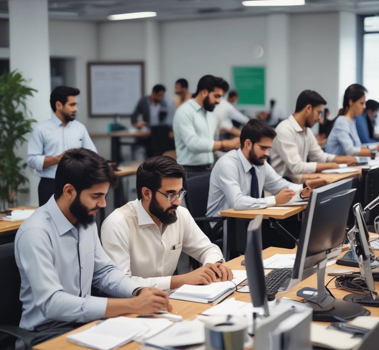 A group of young professionals discussing career opportunities in an office setting.