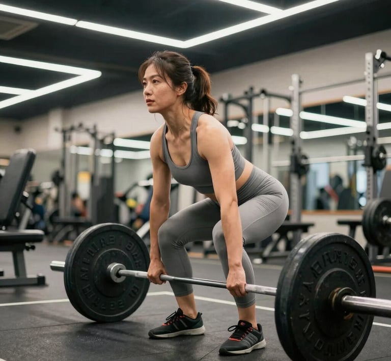A person lifting weights with focused determination in a calm studio.