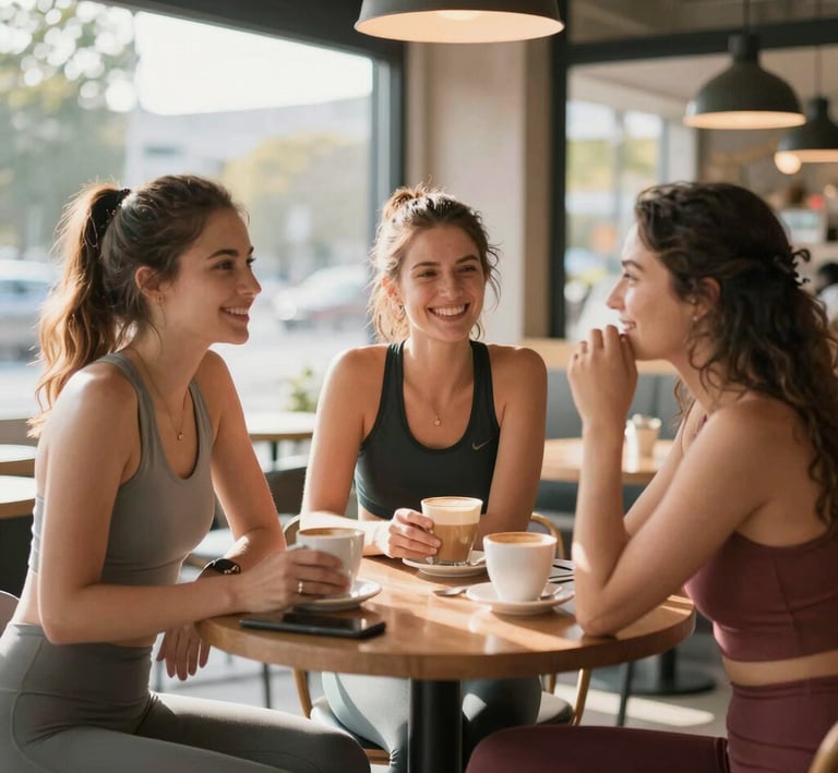 A group of women laughing and stretching together, all dressed in Zolke's casual fitness wear.