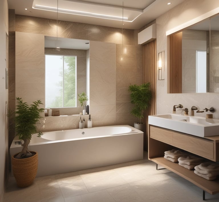 A stylish bathroom renovation with contemporary fixtures and warm tile work.