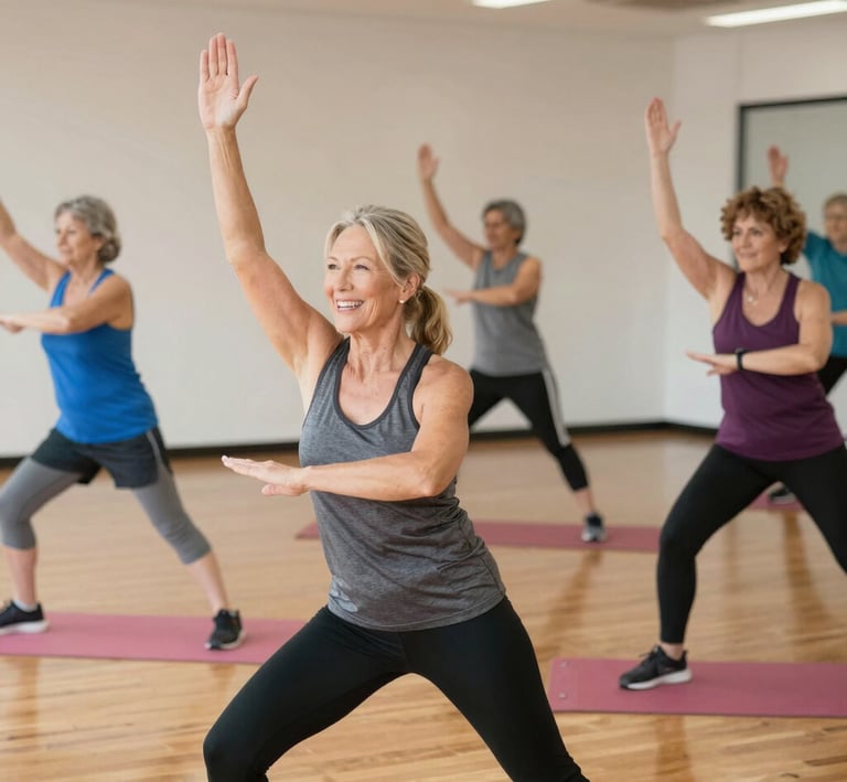 Coach gently guiding a smiling client through a stretching exercise in a bright, airy studio.