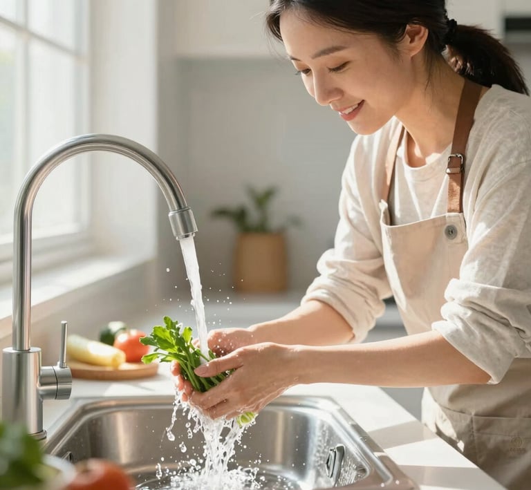 Elegant modern kitchen with a sleek water filtration system installed under the sink
