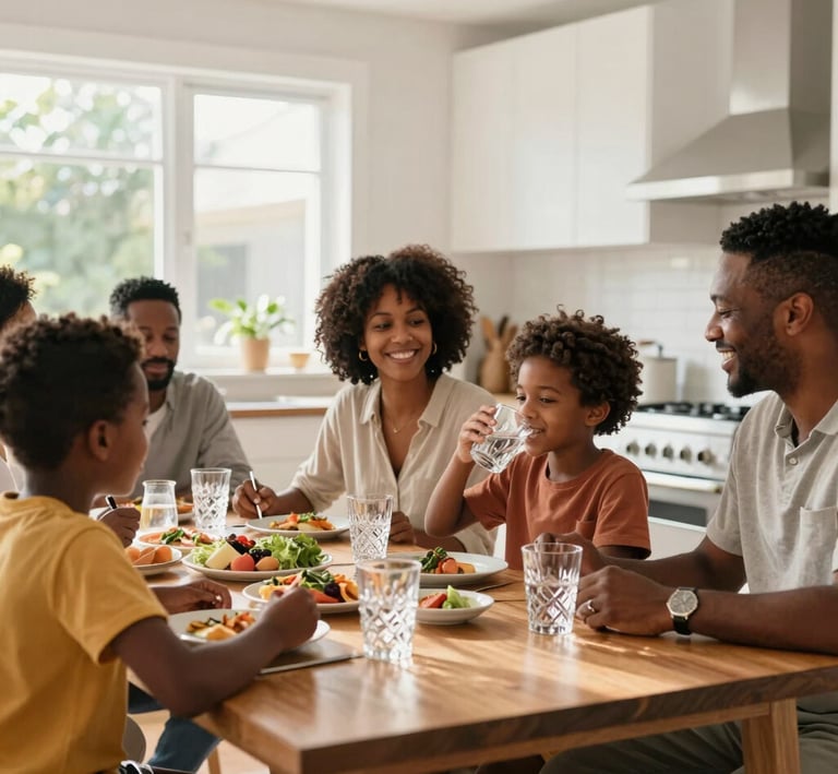 Close-up of a glass filled with clear, fresh water on a marble countertop
