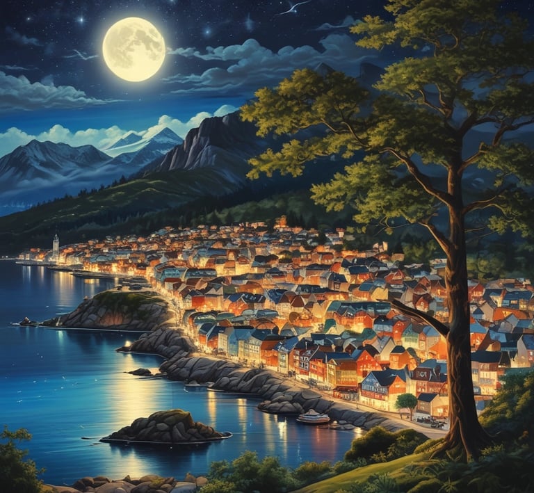 Scenic coastal town at night with glowing lights under a full moon and starry sky.