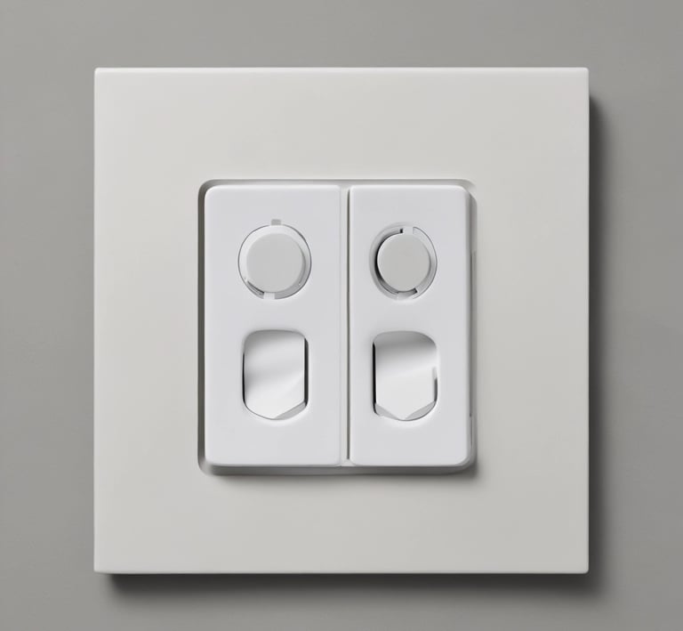Neatly installed electrical outlets and switches in a bright, newly renovated living room.