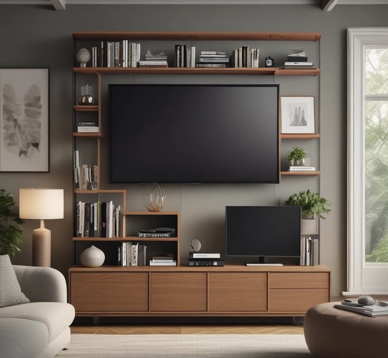 A cozy bedroom with a medium-sized TV on a wooden stand, surrounded by soft lighting.