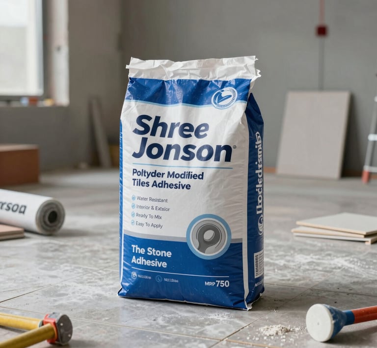 Stacked Shree Jonson construction chemical containers neatly arranged on a pallet at a busy building site.