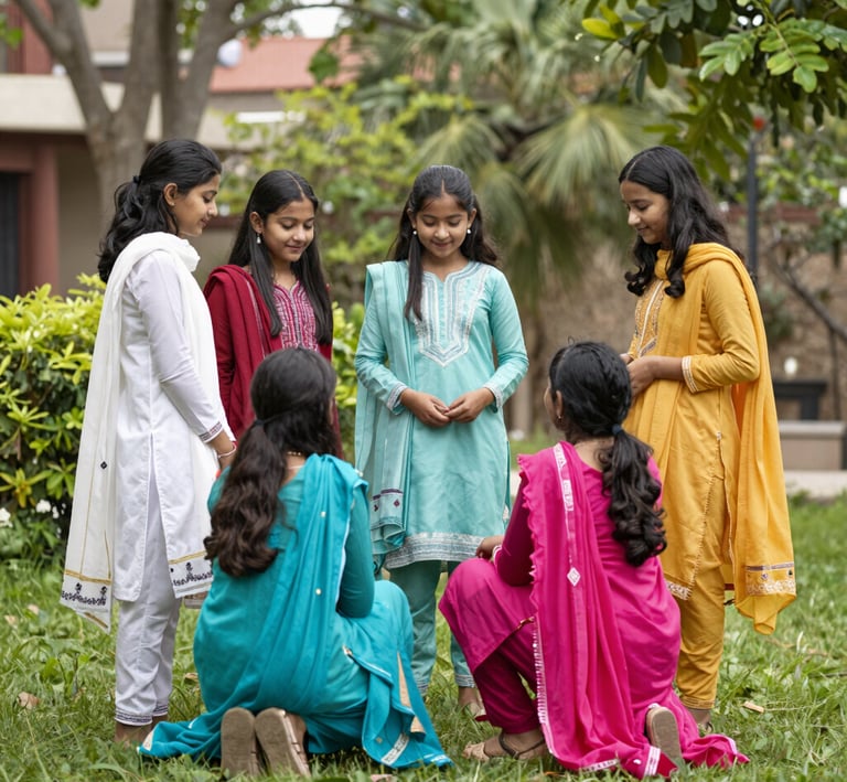 Kids wearing bright, cheerful shalwar outfits laughing and playing outdoors in a sunlit garden.