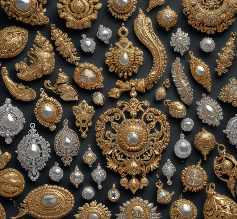 An assortment of traditional ornaments displayed on a wooden tray, highlighting craftsmanship.