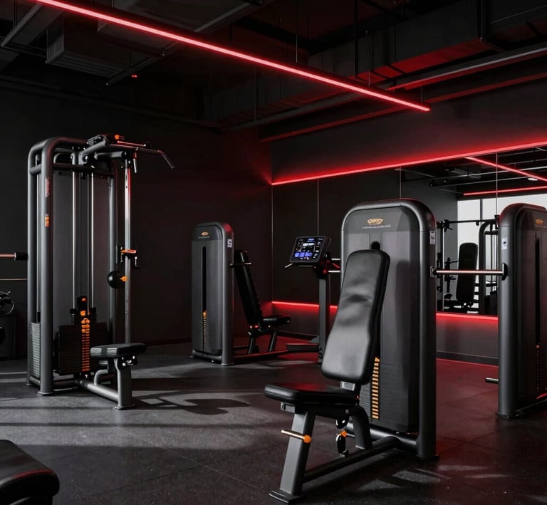 A group fitness class in action, with participants moving in sync under red lighting.
