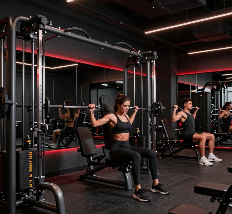 A dynamic shot of a person lifting weights in a sleek gym with black walls and red accents.