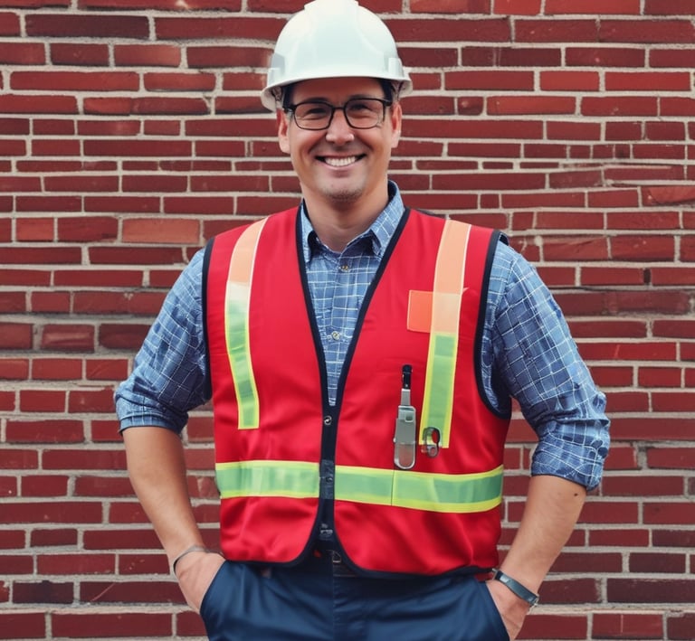 A man in an orange safety jacket and helmet