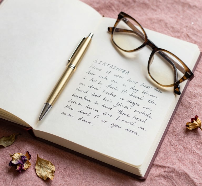 An open journal with handwritten reflections, a gold pen, and a touch of dried flowers on a cream linen cloth.
