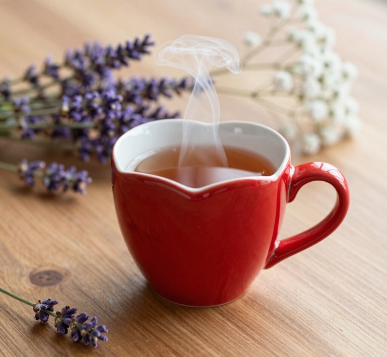 A softly lit ceramic mug of steaming tea resting on a wooden table surrounded by gentle cream and sage green fabrics.