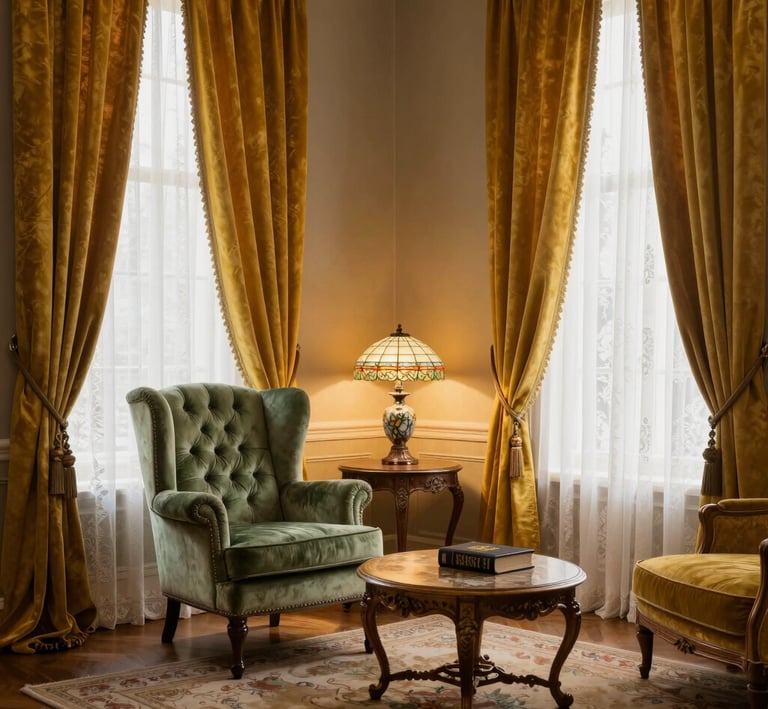 A peaceful corner nook with a soft throw, muted gold accents, and a quiet light filtering through sheer curtains.